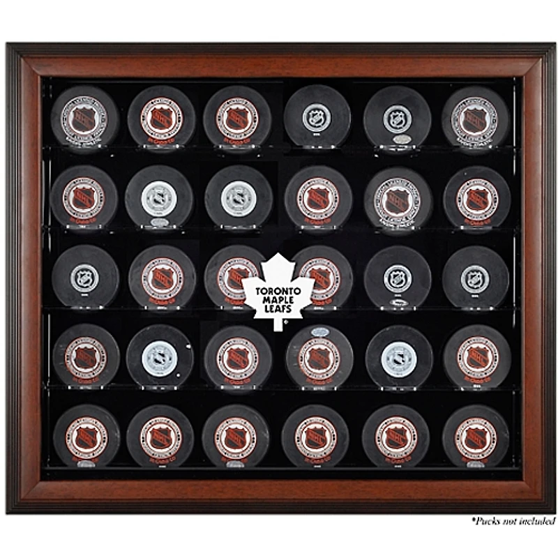 Vitrine de présentation brune pour 30 rondelles des Maple Leafs de Toronto (1970-2016)