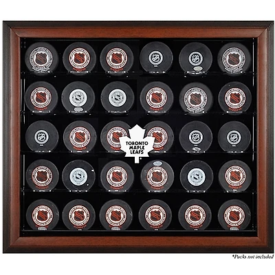Vitrine de présentation brune pour 30 rondelles des Maple Leafs de Toronto (1970-2016)