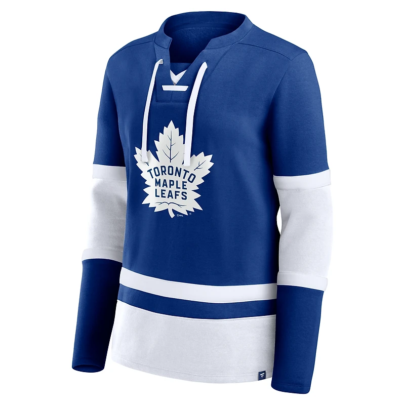 T-shirt à manches longues lacets bleu/blanc pour femme Fanatics Toronto Maple Leafs Prime Time