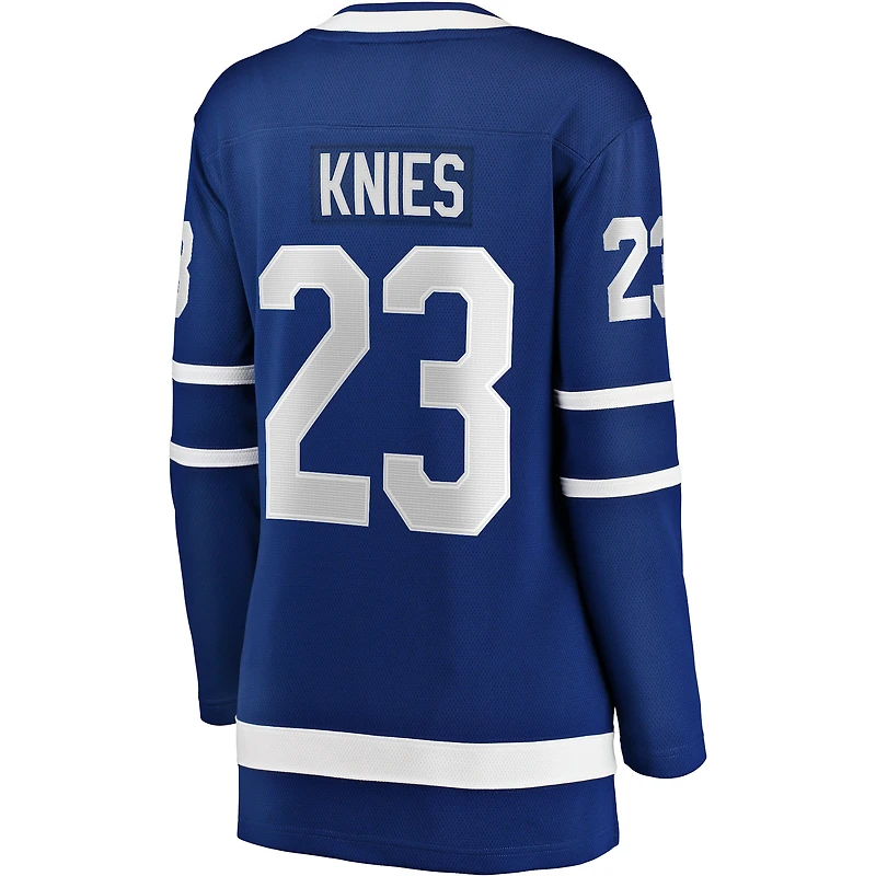 Maillot de joueur échappé Matthew Knies, bleu, domicile, Maple Leafs Toronto, fanatiques féminines
