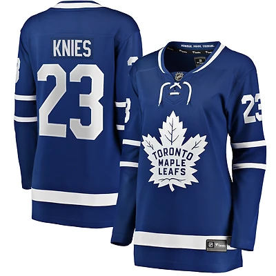 Maillot de joueur échappé Matthew Knies, bleu, domicile, Maple Leafs Toronto, fanatiques féminines