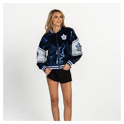 Veste bomber zippée à sequins bleue The Wild Collective pour femme, motif Maple Leafs de Toronto