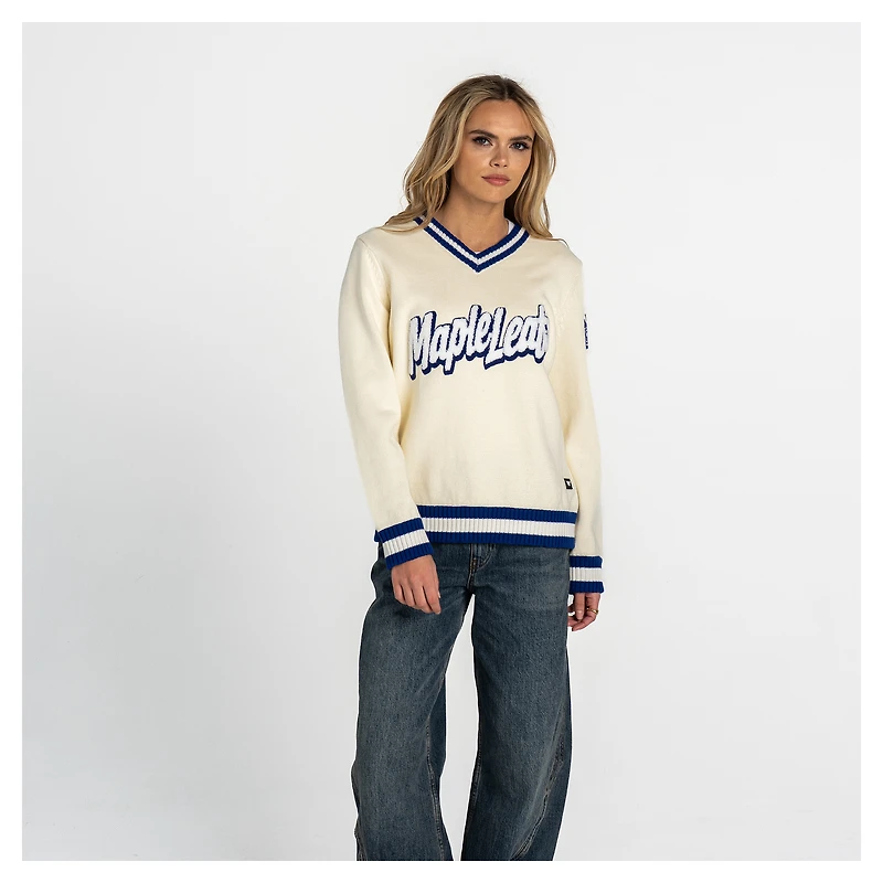 Women's The Wild Collective Cream Toronto Maple Leafs Jacquard V-Neck Sweater