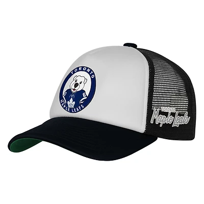 Casquette de camionneur ajustable blanche Mitchell & Ness pour jeunes, mascotte des Maple Leafs de Toronto