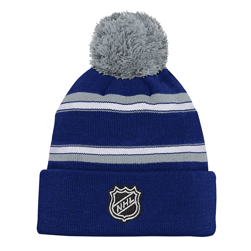 Bonnet en tricot à revers bleu jacquard des Maple Leafs de Toronto pour jeunes avec pompon