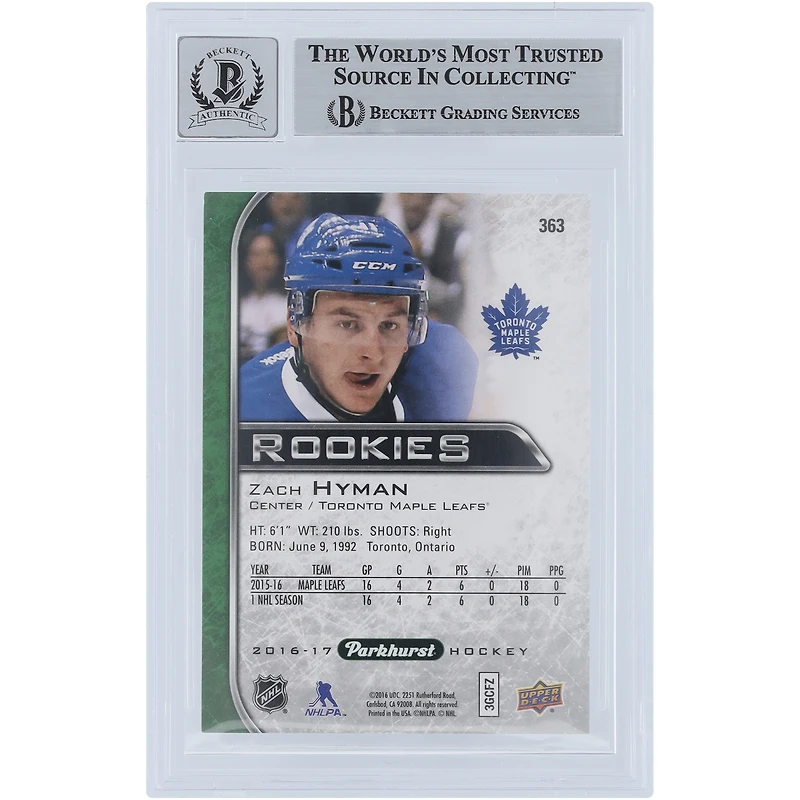 V106832 Leafs Zach Hyman Toronto Maple Leafs Autographié 2016-17 Upper Deck Parkhurst #363 Beckett Fanatics Witnessed Authentifié 9/10 Carte recrue 11 Zach Hyman AUT UPD CARTES À ÉCHANGER 45646 AUTTRC CA01HK4483 #8