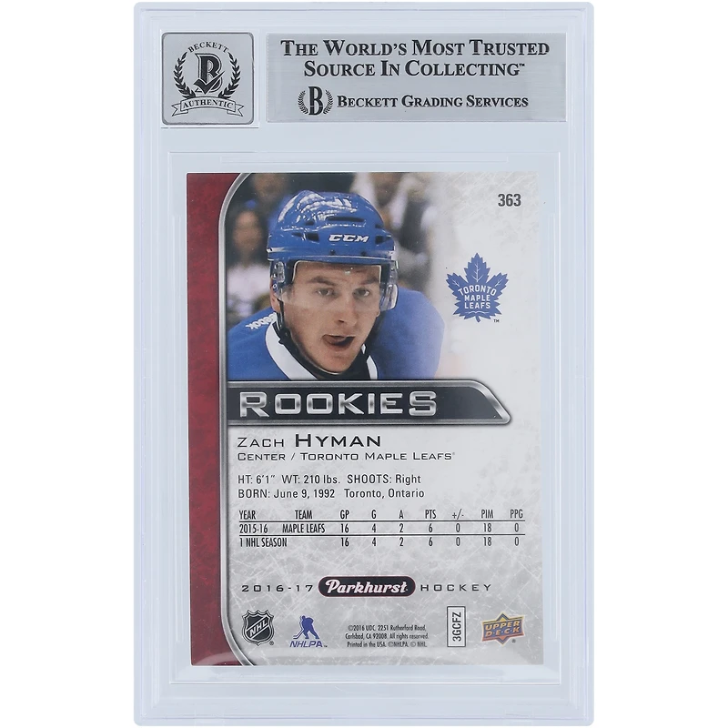 V106832 Leafs Zach Hyman Toronto Maple Leafs Autographié 2016-17 Upper Deck Parkhurst Rouge #363 Beckett Fanatics Witnessed Authentifié 9/10 Carte Recrue 11 Zach Hyman AUT UPD CARTES À ÉCHANGER 45646 AUTTRC CA01HK4482 #7