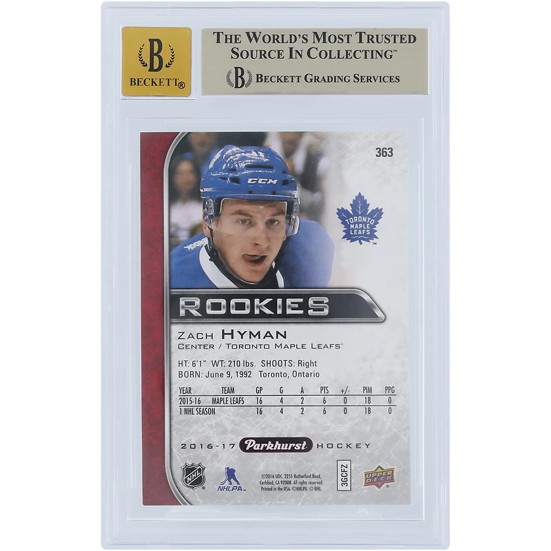 V106832 Leafs Zach Hyman Toronto Maple Leafs Autographié 2016-17 Upper Deck Parkhurst Rouge #363 Beckett Fanatics Witnessed Authentifié 9.5/10 Carte recrue 11 Zach Hyman AUT UPD CARTES À ÉCHANGER 45646 AUTTRC CA01HK4481 #6