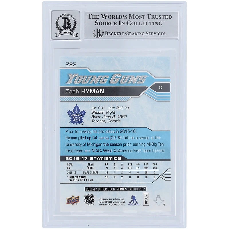 Carte de recrue 9/10 autographiée par Zach Hyman des Maple Leafs de Toronto, Upper Deck Series 1 Young Guns #222 Beckett Fanatics, 2016-17