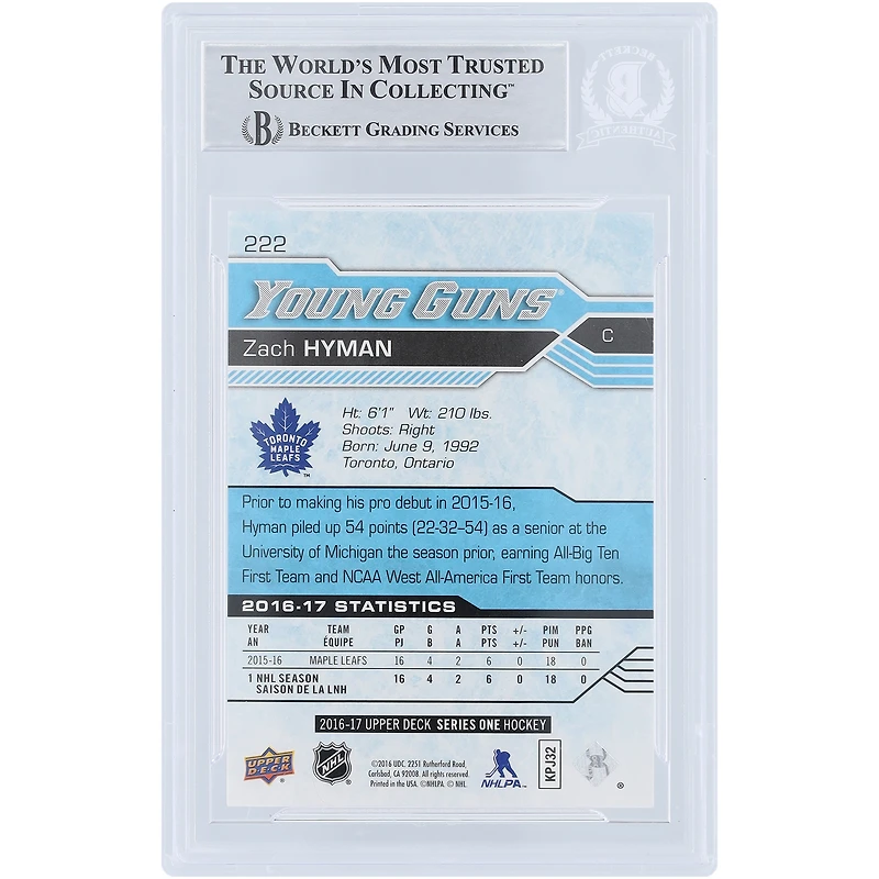 Carte de recrue autographiée 2016-17 Upper Deck Series One Young Guns #222 Beckett par Zach Hyman des Maple Leafs de Toronto, carte authentifiée par des fanatiques témoins