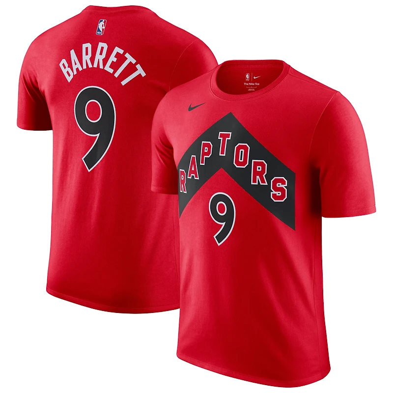 T-shirt Nike RJ Barrett rouge pour homme avec nom et numéro Essential Icon des Toronto Raptors