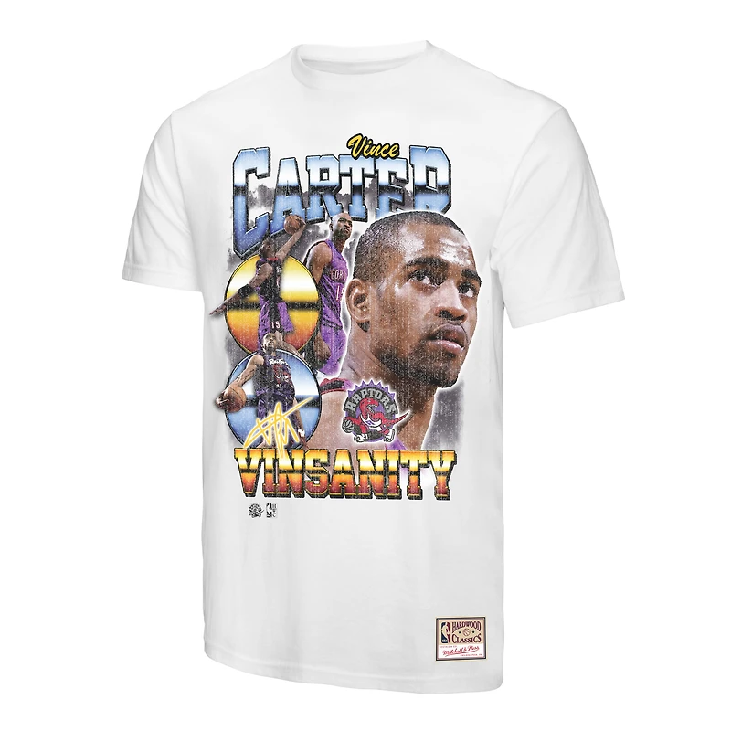 T-shirt commémoratif Mitchell & Ness Vince Carter blanc des Toronto Raptors Hardwood Classics pour homme, motif collage de joueurs