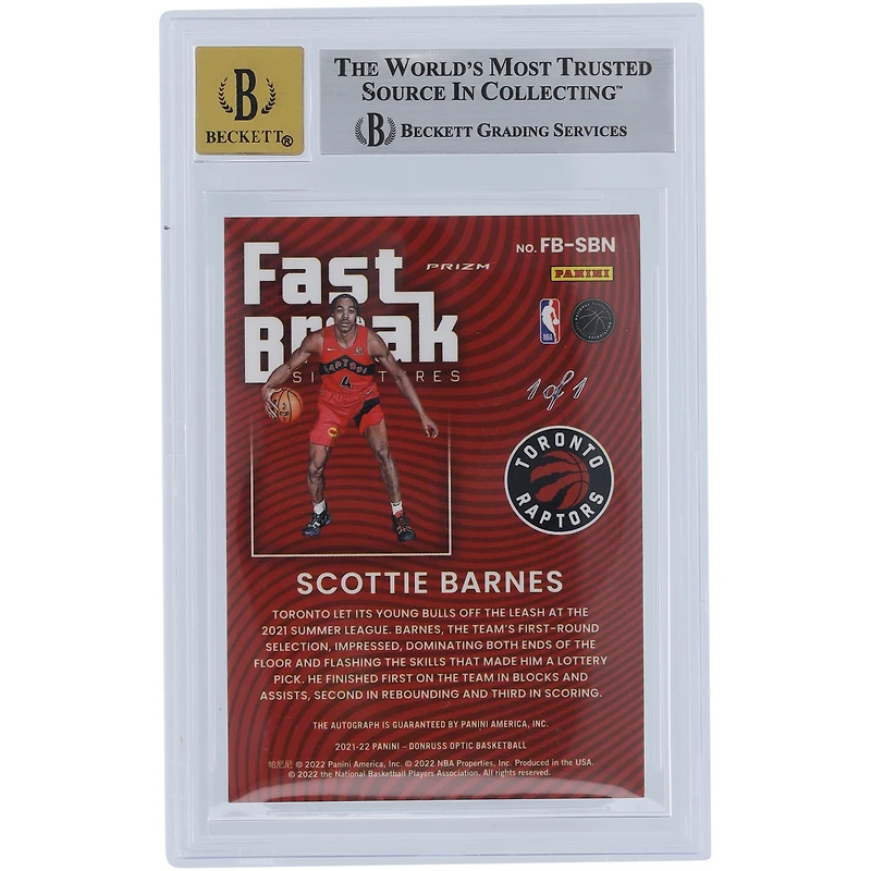 Carte de recrue Panini Donruss Optic Fast Break 2021-22 autographiée par Scottie Barnes Toronto Raptors, noire #FB-SBN #1/1 BGS, authentifiée 9/10 - Sous-grades 9.5,9,9,9