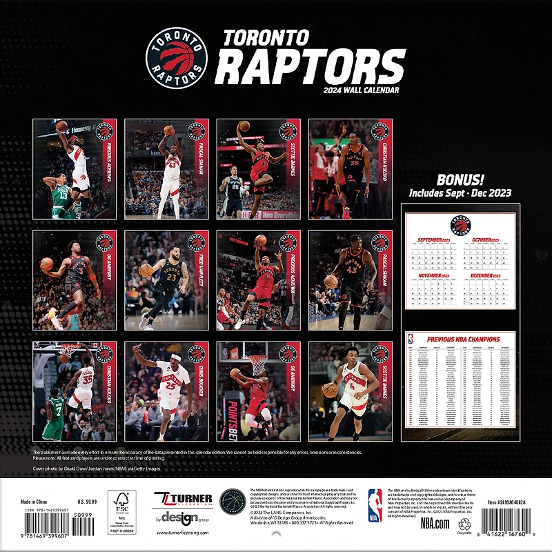 Mini calendrier mural 2024 des Raptors de Toronto 7'' x 7''
