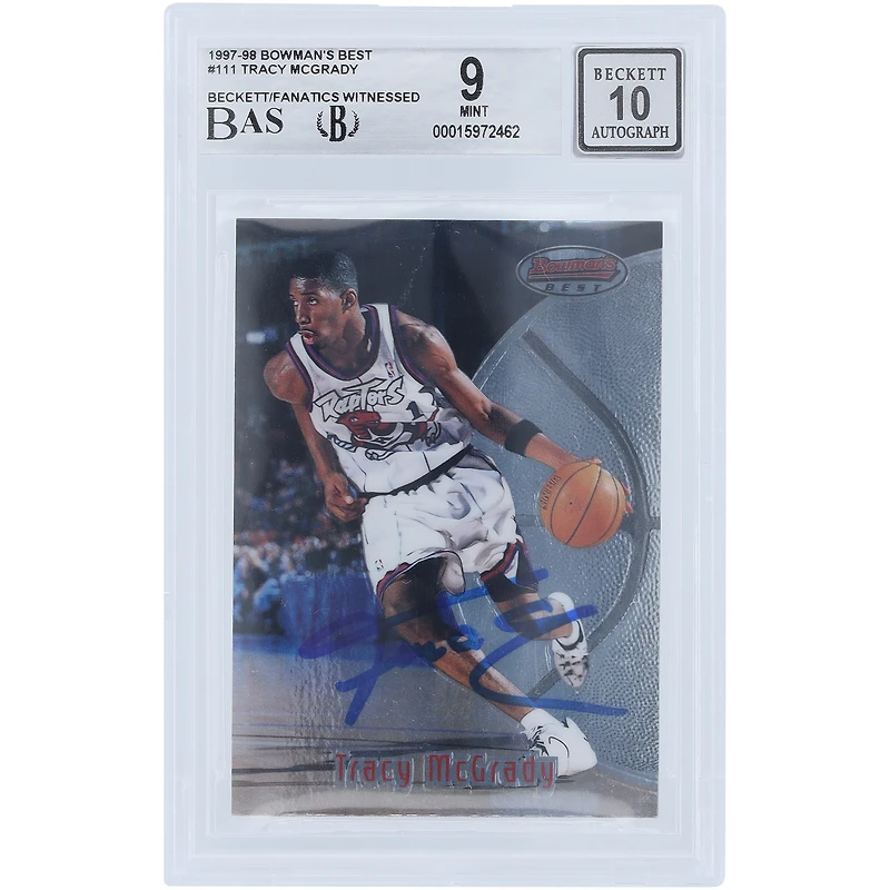 Tracy McGrady Toronto Raptors autographié Bowman Best #111 Beckett 1997-98 Fanatics Witnessed Authenticated 9/10 Rookie Card