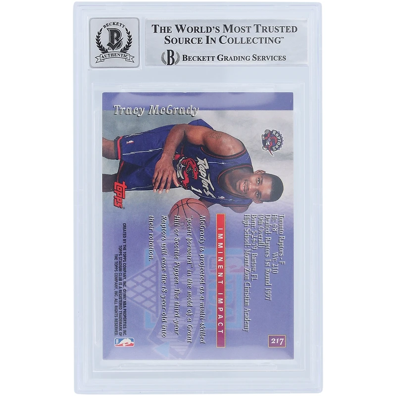 Carte de recrue numéro 10 authentifiée du club du stade Topps 1997-98 de Tracy McGrady des Toronto Raptors