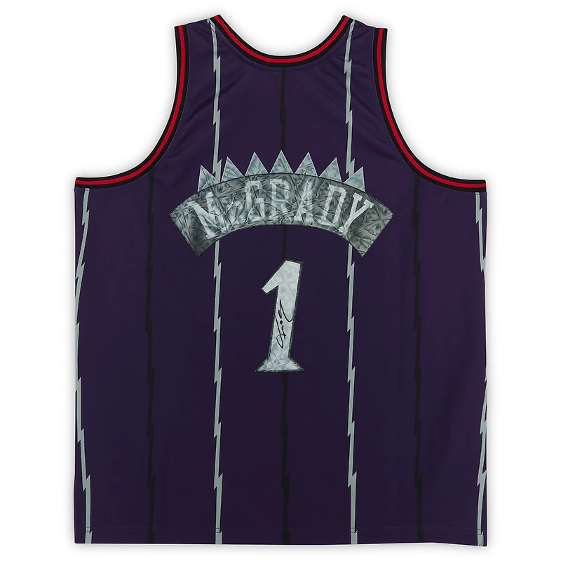 Maillot Swingman violet autographié par Tracy McGrady des Toronto Raptors pour le 75e anniversaire de Mitchell & Ness