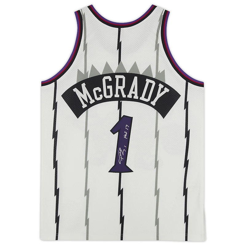 Maillot authentique autographié Mitchell & Ness 1998 des Toronto Raptors par Tracy McGrady White avec inscription « HOF 17 »
