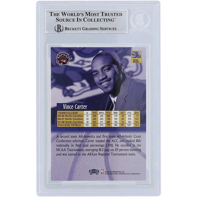 Carte de recrue authentifiée Fleer Ultra White Ink #106 Beckett 1998-99 autographiée par Vince Carter des Toronto Raptors