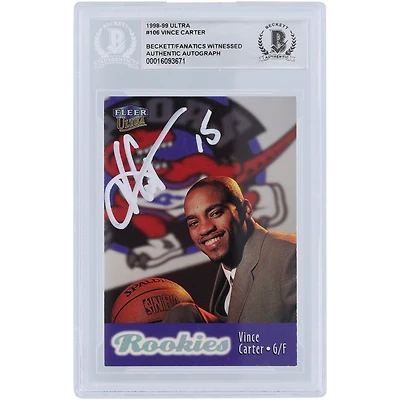 Carte de recrue authentifiée Fleer Ultra White Ink #106 Beckett 1998-99 autographiée par Vince Carter des Toronto Raptors
