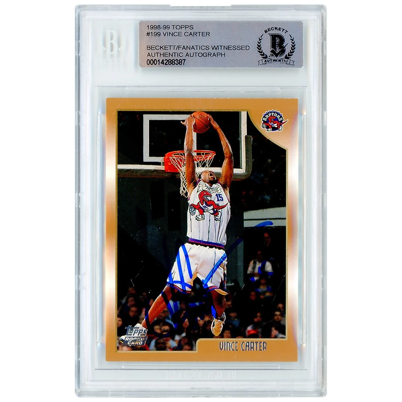 Carte de recrue autographiée de Vince Carter (Ractors de Toronto), Topps 1998-99, n° 199, authentifiée par Beckett Fanatics Witnessed.