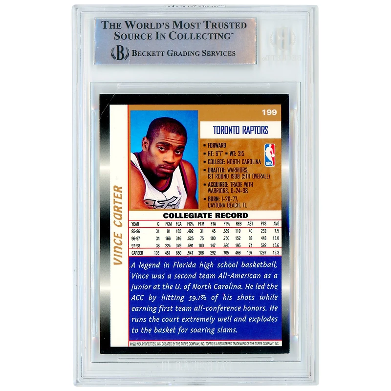 Vince Carter Toronto Raptors Autographed 1998-99 Topps #199 Beckett Fanatics Witnessed Authenticated Rookie Card