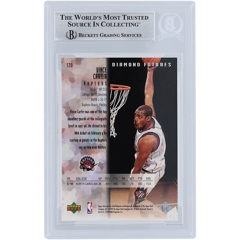 Carte de recrue authentifiée signée Vince Carter Toronto Raptors 1998-99 Upper Deck Black Diamond White Ink #120 Beckett Fanatics