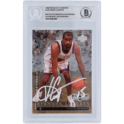 Carte de recrue authentifiée signée Vince Carter Toronto Raptors 1998-99 Upper Deck Black Diamond White Ink #120 Beckett Fanatics