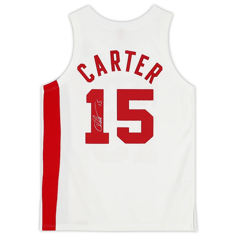 Maillot authentique autographié par Vince Carter des Toronto Raptors, blanc, rouge et bleu, Mitchell & Ness 2005-06