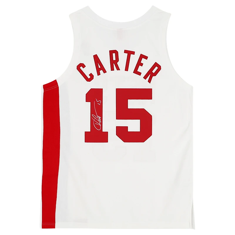Maillot authentique autographié par Vince Carter des Toronto Raptors, blanc, rouge et bleu, Mitchell & Ness 2005-06