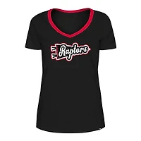 5th & Ocean by New Era - T-shirt à col en V avec fanion scintillant noir Toronto Raptors Game Day pour femme