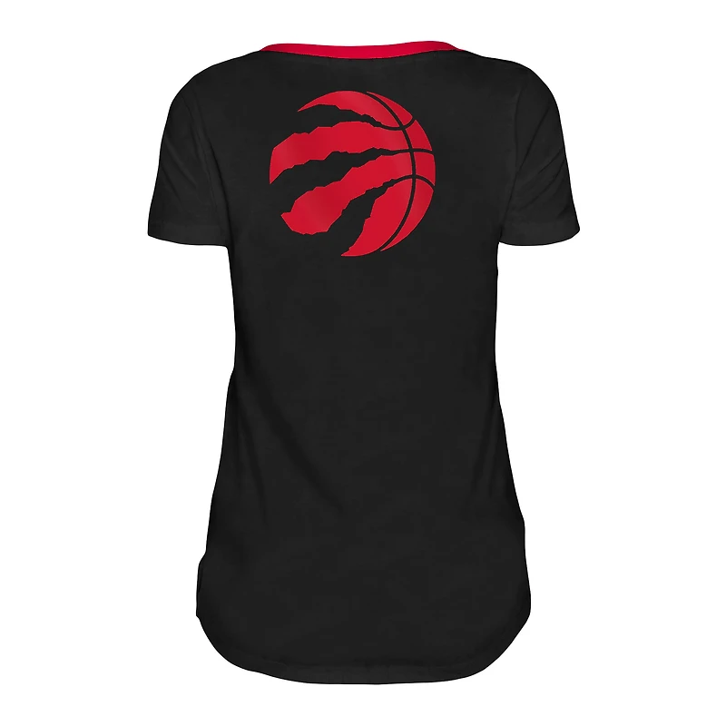 5th & Ocean by New Era - T-shirt à col en V avec fanion scintillant noir Toronto Raptors Game Day pour femme