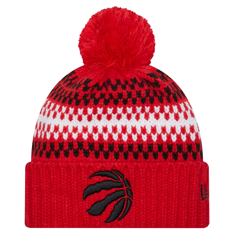 Bonnet en tricot confortable à revers pour jeunes New Era rouge des Raptors de Toronto avec pompon