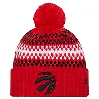 Bonnet en tricot confortable à revers pour jeunes New Era rouge des Raptors de Toronto avec pompon