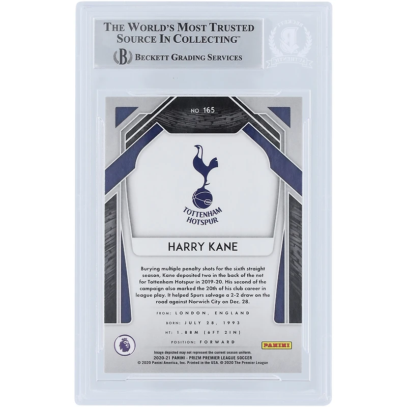 Carte Panini Prizm EPL #165 autographiée 2020-21 de Tottenham Hotspur par Harry Kane, Beckett Fanatics, authentifiée et témoin
