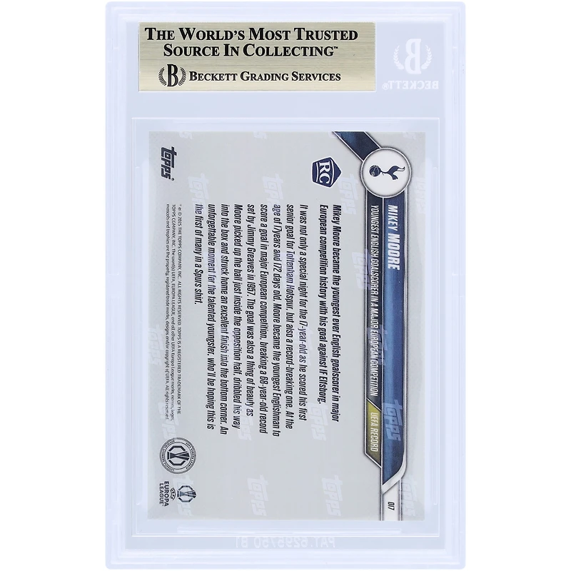 Mikey Moore Tottenham Hotspur 2024-25 Topps désormais le plus jeune buteur anglais dans une compétition européenne majeure #17 BGS Authenticated 10 Rookie Card - 10,9.5,10,10 Subgrades