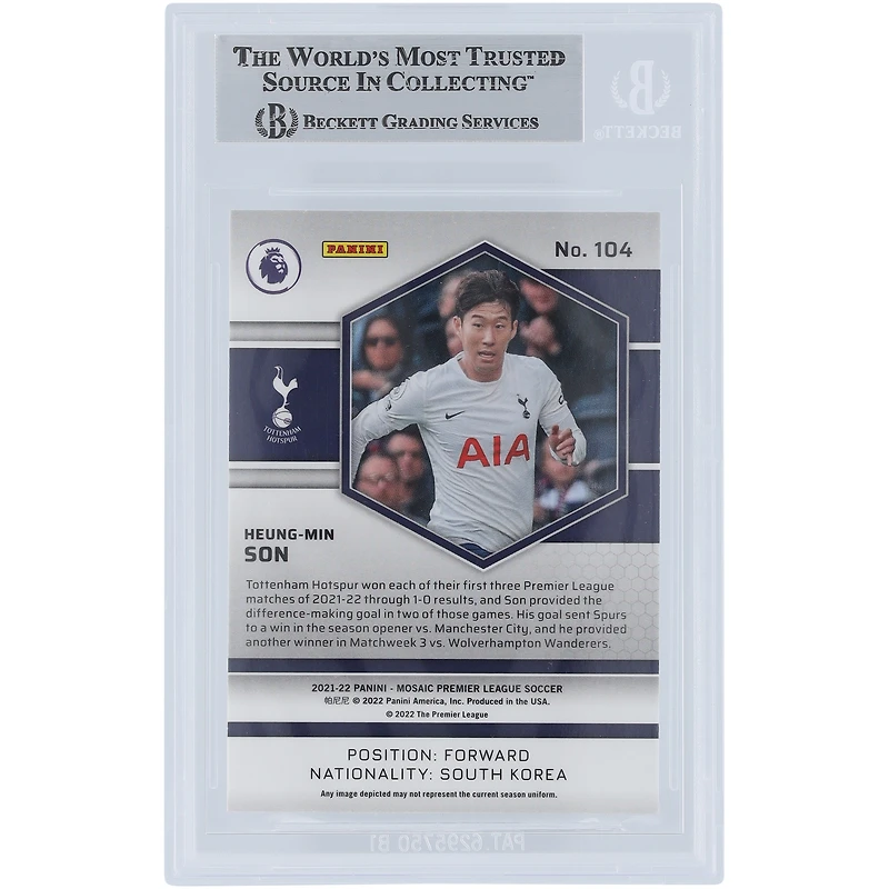 Carte Panini Mosaic EPL n° 104 signée Son Heung-min Tottenham Hotspur 2021-22, signée Beckett Fanatics