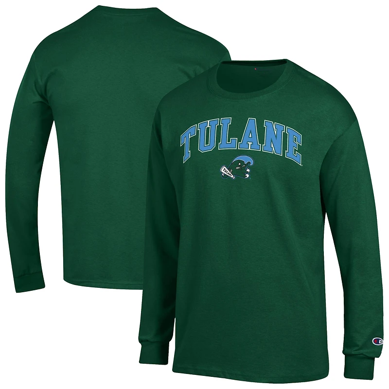 Men's Champion  Green Tulane Wave Arch Over Logo Long Sleeve T-Shirt
