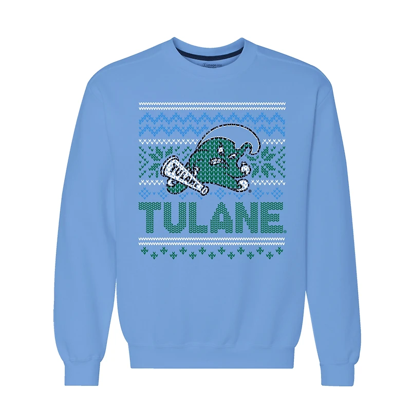 Men's Light Blue Tulane Green Wave Holiday Fleece Crewneck Sweatshirt