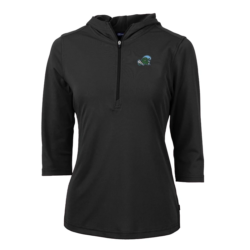 Sweat à capuche demi-zippé manches 3/4 pour femme Cutter & Buck Black Tulane Green Wave Virtue Eco Pique