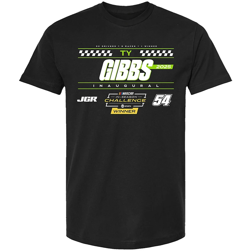 T-shirt noir à damier pour homme, Ty Gibbs, vainqueur du défi de la saison NASCAR Cup Series 2025