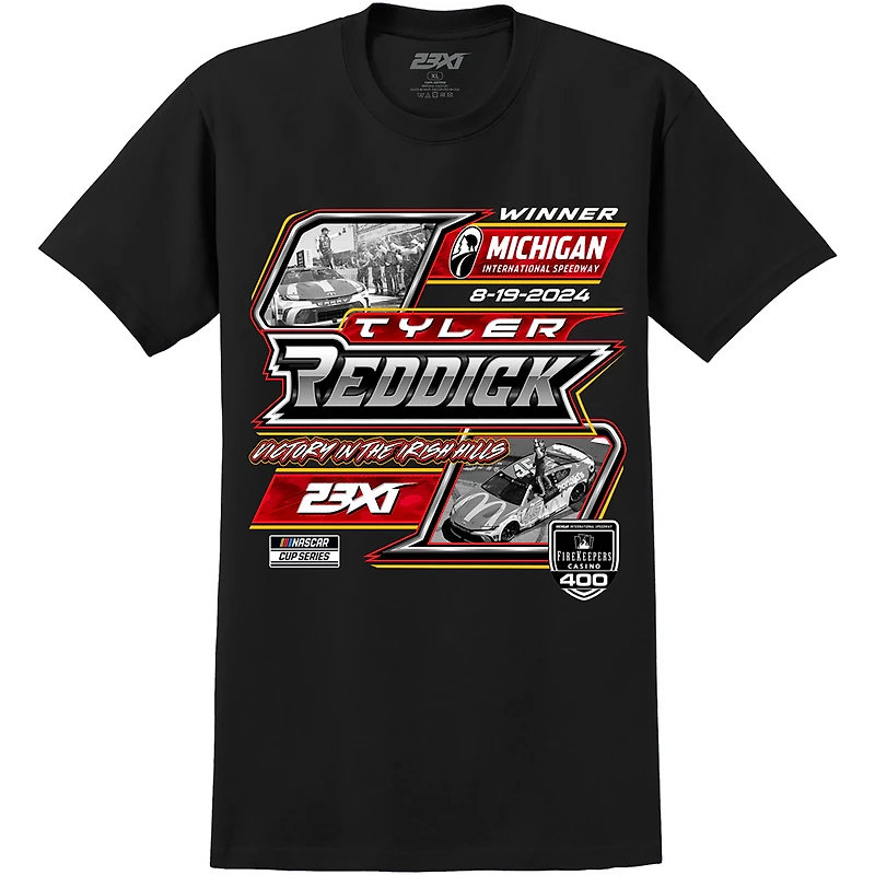 T-shirt noir 23XI Racing pour homme, vainqueur de la course Tyler Reddick 2024 FireKeepers Casino 400