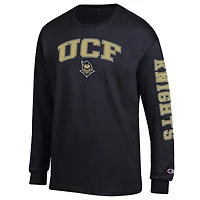 T-shirt à manches longues noir Champion UCF Knights pour homme avec logo Arch Over et 2 coups