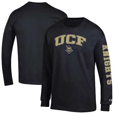 T-shirt à manches longues noir Champion UCF Knights pour homme avec logo Arch Over et 2 coups