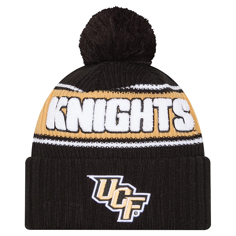 Bonnet en tricot à revers audacieux New Era noir UCF Knights pour homme avec pompon
