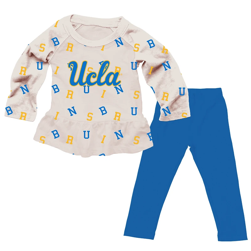 Girls Infant Wes & Willy Oatmeal UCLA Bruins Ruffle Raglan Long Sleeve T-Shirt Leggings Set