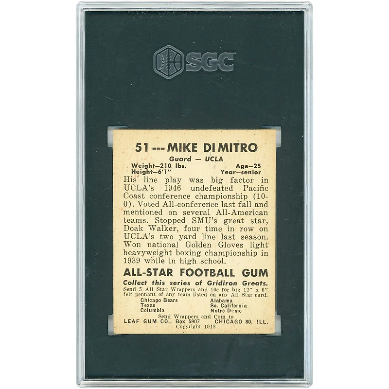 Mike Dimitro UCLA Bruins 1948 Leaf Gum Co. #51 SGC Authenticated 5 Rookie Card