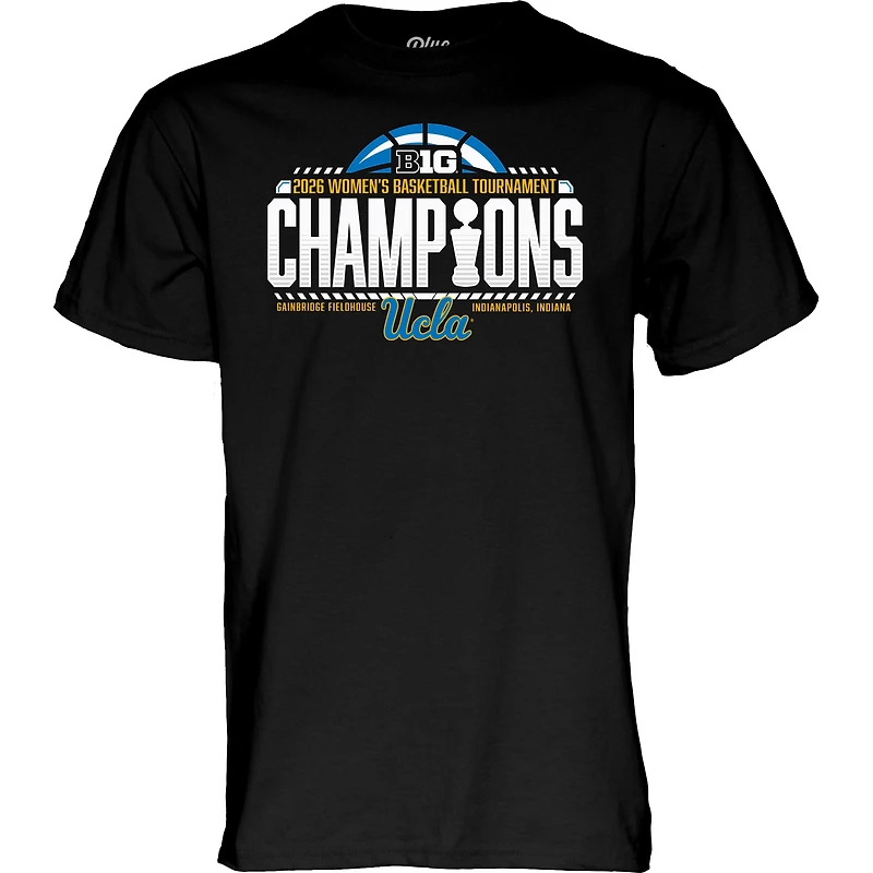 T-shirt unisexe bleu 84 noir UCLA Bruins, championnes du tournoi de basketball féminin Big Ten 2026, vestiaire