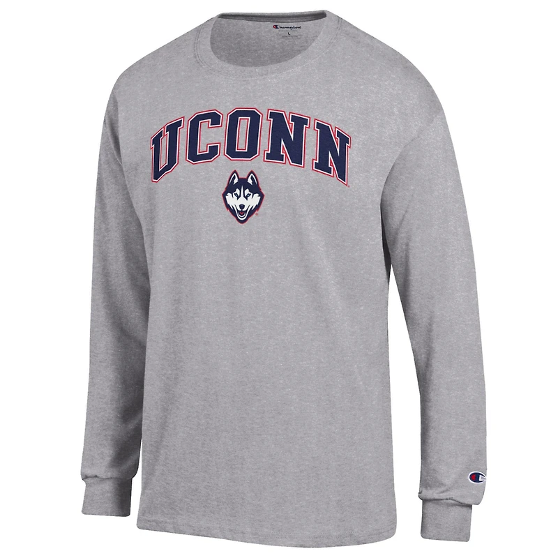 T-shirt à manches longues avec logo Arch Over Champion Heather Grey pour homme des Huskies de l'UConn