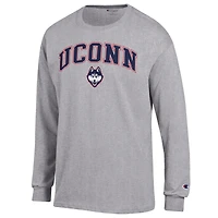 T-shirt à manches longues avec logo Arch Over Champion Heather Grey pour homme des Huskies de l'UConn